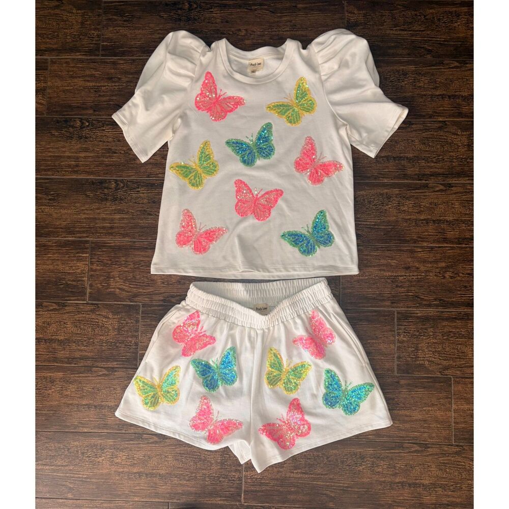 Peach Love California Y2K Sequin Butterfly Two-Piece Set - S